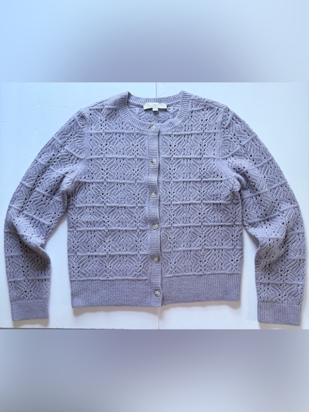 LOFT Diamond Pointelle Cardigan Lavender Purple Sweater Size L